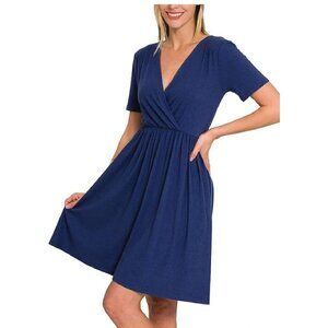 Leadingstar Womens Navy Blue Dress M Short Sleeved A-line V-neck Stretch NEW